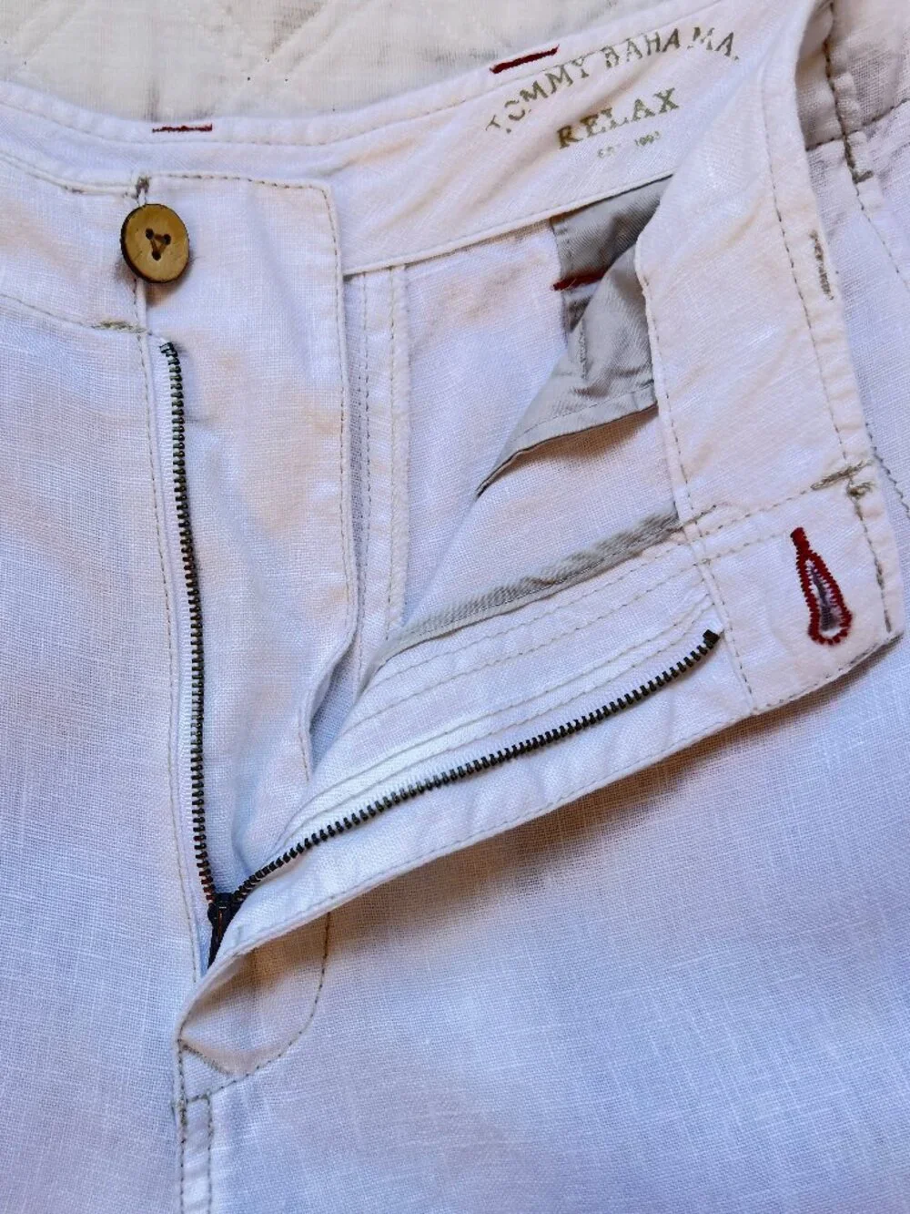 Tommy Bahama Mens Relax Linen Pants Flat Front Brown Trim 5 Pocket 33 in Waist